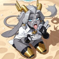 1girl ai_assisted ai_generated animal_nose awaiting_cum beach black_thighhighs blue_eyes bottomless bright_pupils capelet colored_skin cum_in_hair cum_on_face cum_on_hands fellatio_gesture fingerless_gloves floppy_ears full_body furry gloves grey_fur grey_hair grey_skin horns jackalope kneeling naked open_mouth oral_invitation pseudoregalia sybil_(pseudoregalia) tail thighhighs tongue_out view_from_above wide_hips