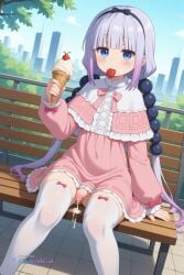 1girl ai_assisted ai_generated bangs beads bench blue_eyes blunt_bangs capelet cityscape cowboy_shot cowgirl_position cum dragon_girl dragon_maid dress dutch_angle eating food full_body futanari hair_beads hair_ornament hairband ice_cream kanna_kamui light_purple_hair little_penis long_hair long_sleeves looking_at_viewer low_twintails mother_and_daughter outdoors projectile_cum sex sitting size_difference small_penis source_anime thighhighs twintails