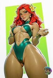 ai_art ai_generated bikini cameltoe dc dc_comics fortnite fortnite:_battle_royale hair_ornament looking_down mixxiru poison_ivy poison_ivy_(fortnite) red_hair summer underboob
