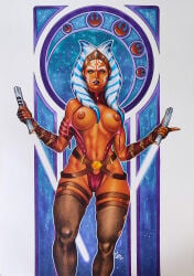 1girls ahsoka_tano alien big_breasts breasts chriscomicart female lightsaber nipples orange_skin solo star_wars togruta traditional_media_(artwork)