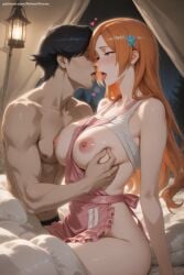 1boy 1girl ai_generated apron black_hair bleach blush breast_grab breasts french_kiss grabbing hair_ornament heart hetero hi_res high_quality high_resolution indoors inoue_orihime kiss large_breasts long_hair looking_at_another manly naked_apron nipples orange_hair patreon saliva seductive sex sexy sitting tongue tongue_out uncensored watermark white_apron