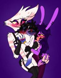 2girls1boy angel_dust_(hazbin_hotel) blush blushing_profusely chimeracocks hazbin_hotel height_difference imminent_sex jax_(the_amazing_digital_circus) lingerie nude_female pomni_(the_amazing_digital_circus) sandwich_position sandwiched size_difference the_amazing_digital_circus
