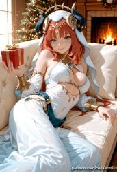 1girl ai_generated bangs bare_shoulders blue_eyes blue_gemstone blush box bracer breasts brooch christmas_tree circlet closed_mouth clothing_cutout couch covered_navel detached_sleeves dress fake_horns fire fireplace genshin_impact gift gift_box gold_trim holding holding_gift horns indoors jewelry kermixx long_hair long_sleeves looking_at_viewer lying medium_breasts neck_ring nilou_(genshin_impact) on_couch on_side parted_bangs patreon_username puffy_long_sleeves puffy_sleeves red_hair see-through smile solo twintails veil web_address white_dress white_headwear