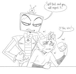 bent_over dialogue ectochoir from_behind hazbin_hotel hazbin_hotel_oc horn_grab leon_(mumbocumbo) mumbocumbo tail_grab vox_(hazbin_hotel)