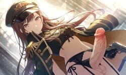 1girl ai_generated army_girl army_hat army_uniform bra full-package_futa futanari long_hair panties pistol project_sekai shinonome_ena solo