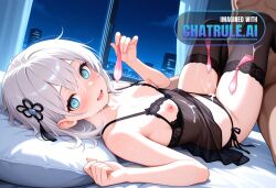 1girl after_sex ai_assisted ai_generated aqua_eyes bare_shoulders bedroom black_lingerie black_stockings blue_eyes condom cum_covered cum_on_body cum_on_clothes cum_on_face eve filled_condom hair_ornament highres holding_used_condom laying_on_back laying_on_bed messy_hair night nipples on_back panties_aside pleasure shocked_eyes small_breasts thick_cum tiny_tits white_curtains white_hair