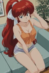 1boy 1girl absurdres adult ai_assisted ai_generated bangs bare_shoulders between_legs big_breasts blue_eyes breasts chan cleavage closed_mouth collarbone couch crop_top female grey_shorts hair_ribbon hand_between_legs heeven highres indoors large_breasts long_hair looking_at_viewer male mature medium_breasts midriff navel patreon patreon_logo patreon_username perfect_body plant ponytail potted_plant ranma ranma-chan ranma_saotome red_hair ribbon sensitive short_shorts shorts sitting smile solo tank_top uncensored very_long_hair white_ribbon