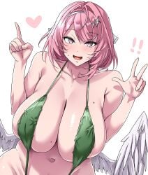 ! !! 1girl ahoge bare_shoulders blush breasts cleavage collarbone commentary_request feathered_wings fingernails green_slingshot_swimsuit hair_intakes heart highres huge_breasts index_finger_raised looking_at_viewer medium_hair mole mole_on_breast nabe_taro navel open_mouth pink_eyes pink_hair remielle_dan simple_background slingshot_swimsuit smile solo stomach sweat swimsuit w white_background white_wings wings zenless_zone_zero