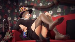 1girls 3d ass breasts broomstick clothed couch eyewear female female_only halloween lipstick mrfestive on_back shirt skirt solo source_filmmaker stockings team_fortress_2 witch witch_hat zombie