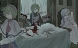 3girls absurdres alice_margatroid barrel black_gloves blonde_hair blood blood_on_gloves blood_on_knife blue_bow blue_dress book bookshelf bow braid bun_cover butchering capelet chair cleaver corpse crescent crescent_hat_ornament dead_animal death double_bun dress frilled_hairband frills gloves goat grey_shirt guro hair_bow hair_bun hair_over_one_eye hairband hand_on_own_face hat hat_ornament hat_ribbon highres holding holding_cleaver holding_knife indoors kirisame_marisa knife long_dress long_hair long_sleeves medium_hair mob_cap multiple_girls multiple_hair_bows neckerchief patchouli_knowledge pink_slippers purple_eyes purple_hair red_bow red_eyes red_hairband red_neckerchief rev_(revenger_pic) ribbon severed_head shirt single_braid sitting sleeves_rolled_up slippers standing sweatdrop table touhou white_capelet yellow_eyes