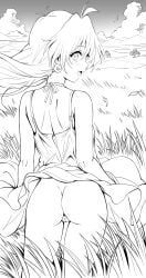 1girl :d absurdres ass blush cleft_of_venus clothes_lift cloud commentary cowboy_shot dress dress_lift english_commentary fang field from_behind greyscale hair_ornament head_cha_la highres lina_inverse long_hair looking_at_viewer looking_back monochrome no_panties outdoors pussy skin_fang slayers smile solo sphere_hair_ornament thighs tree uncensored wind wind_lift