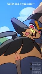 2026 animated animated_gif anthro anus_focus anus_peek biped black_body black_ears black_fur black_tail blue_hair butt cute_fangs diives edit edited fangs female female_anthro fur hair hi_res multicolored_body multicolored_fur open_mouth pal_(species) palworld pocketpair red_eyes sekhmet_(pal) short_playtime solo standing tail teeth third-party_edit tongue yellow_body yellow_fur