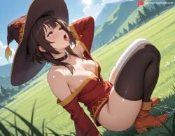 1girl 1girls 2026 ahegao ai_generated arm_behind_back arm_behind_head ass bandaged_leg black_collar black_thighhighs blue_sky blush boots bottomless breasts brown_hair brown_hat brown_headwear cleavage collar collarbone day detached_sleeves dress edosynf female female_ejaculation female_only female_orgasm field from_above from_side grass hat highres kono_subarashii_sekai_ni_shukufuku_wo! konosuba legs_together long_sleeves looking_up medium_breasts medium_hair megumin mismatched_legwear nature on_grass open_mouth orange_boots orange_footwear orgasm outdoors puddle pussy_juice pussy_juice_drip pussy_juice_puddle pussy_juice_trail red_dress red_eyes rolling_eyes saliva self_upload shiny shiny_hair shiny_skin sideboob sidelocks sitting sky solo solo_focus squatting squirt squirting squirting_(sex) squirting_orgasm strapless_dress sunlight sweat thick_thighs thighhighs thighs tongue tongue_out tree upper_teeth upper_teeth_only wet witch witch_hat zettai_ryouiki