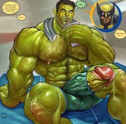 bara bara_tiddies bara_tits beard big_balls big_nipples big_top_small_bottom bruce_banner caught dialogue dialogue_bubble drinking green_skin gym hairy hairy_arms hairy_chest hairy_legs hulk logan_(x-men) marvel massive_penis muscles peeking_penis precum precum_drip precum_on_penis shorts sitting sweat sweating sweating_male sweating_profusely tight_clothing uncut uncut_cock uncut_penis veiny_penis wolverine wolverine_(x-men)
