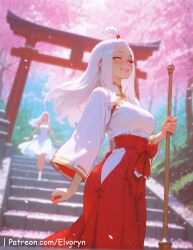 1girls ai_generated big_breasts blue_eyes blush breasts clothes clothing duo fairy_tail female female_focus large_breasts light-skinned_female light_skin long_hair mirajane_strauss standing white_hair younger_female