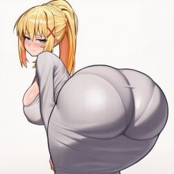1girls ai_generated ass bent_over blonde_hair blue_eyes blush bubble_butt darkness_(konosuba) huge_ass kono_subarashii_sekai_ni_shukufuku_wo! long_hair looking_at_viewer naughty_face ponytail presenting presenting_hindquarters smile solo teasing viitriol white_dress