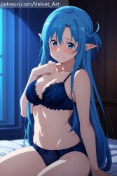 ai_generated asuna_(sao) blue_eyes blue_hair blushing bra elf elf_ears elf_female looking_at_viewer panties sword_art_online velvetart yuuki_asuna