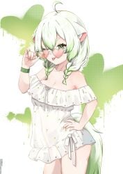1girl 1girls ahoge animal_ears big_breasts braid breasts cleavage dress female ferret_ears ferret_girl ferret_tail gradient_hair green_eyes green_hair green_nails green_tail hair_between_eyes heart heart-shaped_eyewear highres indie_virtual_youtuber laimu large_breasts looking_at_viewer multicolored_hair pink-tinted_eyewear pink_nails solo sundress sunglasses takoroki thighs tinted_eyewear tits tongue tongue_out twin_braids virtual_youtuber vtuber white_dress white_hair