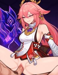 1boy 1girls ai_generated animal_ears bare_shoulders blush bottomless breasts clitoral_hood clitoris closed_mouth clothed_female_nude_male clothed_sex cowgirl_position dark_skin detached_sleeves earrings erection floppy_ears floral_print flower_knot fox fox_ears fox_girl genshin_impact girl_on_top hair_between_eyes hair_ornament half-closed_eyes hetero japanese_clothes jewelry large_breasts long_hair long_sleeves looking_at_another looking_down male_pubic_hair medium_breasts mihoyo necklace nontraditional_miko nude pendant penis pink_hair pubic_hair purple_eyes pussy sash sex shirt sideboob simple_background sleeveless sleeveless_shirt smile solo_focus spirit spread_legs straddling thighs uncensored vaginal veins veiny_penis very_long_hair white_shirt white_sleeves wide_sleeves yae_miko