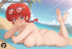 1girl ai_generated ass bangs barefoot beach blue_eyes blue_sky blush braid braided_ponytail breasts closed_mouth cloud collarbone completely_nude day eyewear_on_head feet full_body large_breasts legs legs_up long_hair looking_at_viewer lying mountainous_horizon nipples nude ocean on_stomach outdoors pikkiwynn ranma-chan ranma_1/2 ranma_saotome red_hair round_eyewear sand sky smile soles solo sunglasses the_pose tinted_eyewear toes towel tree