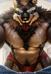 anthro bulge canid canine canis fur green_eyes hi_res looking_at_viewer male male_focus male_only mammal muscular muscular_anthro muscular_male nipples nviek5 piercing teeth tongue tongue_out wolf