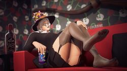 1girls 3d ass breasts broomstick clothed couch eyewear female female_only halloween lipstick mrfestive on_back pussy shirt skirt solo source_filmmaker stockings team_fortress_2 witch witch_hat