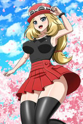 1girls blonde_hair blue_eyes blush breasts curvy_figure female fully_clothed glasses hat long_hair nintendo pokemon pokemon_xy serena_(pokemon) serena_(pokemon_games) skirt solo sunglasses sunglasses_on_hat sunglasses_on_head thick_thighs thigh_gap thighhighs thighs yensh