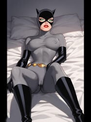 animal_ears batman:_the_animated_series batman_(series) belly_chain black_boots black_gloves bodysuit boots cameltoe cat_ears cat_hood cat_suit covered_nipples dc_comics elbow_gloves green_eyes grey_bodysuit high_heel_boots large_breasts looking_at_viewer lying_on_bed makeup mask nekom14 parted_lips see-through_clothes selina_kyle spread_legs
