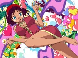 1girl 1girls :o aged_up anime_screenshot ass bare_legs bare_shoulders barefoot big_ass big_breasts blue_eyes blush_stickers breasts chinese_clothes cleavage curvy dress feet female hare+guu heart huge_breasts jungle_wa_itsumo_hare_nochi_guu large_breasts leg_up looking_at_viewer mari nude_filter_request official_art open_hands open_mouth qipao red_hair short_dress short_hair sleeveless sleeveless_dress solo thighs toes