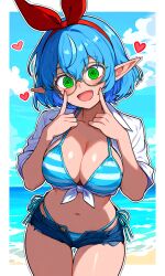 ai_generated bikini blue_striped_bikini boobs breasts denim_shorts elf elf_ears elf_female elf_girl front-tie_top keisha_callie striped_bikini tits