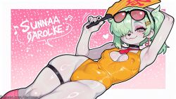1girl ai_generated arm_up armpits blush breasts choker cleavage_cutout clothing_cutout colored_skin covered_nipples decurse earrings english_text eyewear_on_head folding_fan furry furry_female green_eyes green_hair hair_ornament hair_over_one_eye hairclip hand_fan heart holding holding_fan jewelry looking_at_viewer makeup musical_note one-piece_swimsuit skindentation small_breasts smile solo sunglasses sunna_(zenless_zone_zero) swimsuit thigh_strap zenless_zone_zero