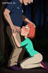 1girl ai_assisted ai_generated aqua_shirt bags_under_eyes big_butt blowjob blue_earrings blue_shirt blush clothed clothing couple dark deep_throat dramatic_lighting family_guy fellatio female forest from_side girl girly green_eyes hands_on_face horror_(theme) kneeling lois_griffin night open_mouth oral orange_hair outdoors purple_footwear scared screaming shadow short_hair small_breasts spreading_legs squating sucking_penis upper_body white_leggings whore younger_female