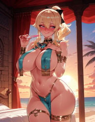 1girl 1girls ai_generated alternate_costume arabian_clothes armlet balecxi bare_shoulders beach bed black_bow blonde_hair blue_eyes blush borrowed_design bow bracer breast_curtains breasts cleavage clothing covered_nipples cross_earrings curvaceous curvaceous_female curvaceous_figure curvy curvy_figure dancer earrings female female_focus food genshin_impact gold_bracelet hair_between_eyes hair_bow hand_on_own_chest harem_outfit high_ponytail highleg holding hoop_earrings hoyoverse inviting inviting_to_sex jean_(genshin_impact) jean_gunnhildr jewelry large_breasts licking_lips loincloth long_hair looking_to_the_side mihoyo navel orange_sky outdoors palm_tree pelvic_curtain ponytail popsicle presenting presenting_ass presenting_breasts presenting_hindquarters presenting_pussy presenting_self revealing_clothes seductive seductive_look seductive_smile sidelocks sky smile solo standing stomach sun sunset thick_thighs thigh_strap thighlet thighs tongue tongue_out uncensored voluptuous voluptuous_female wide_hips