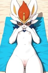 1girls 2026 ai_generated anthro beach blushing cinderace female female_only flat_chest generation_8_pokemon half-closed_eyes hi_res innie_pussy laying_down laying_on_back nintendo nipples nude nude_female on_back on_towel orange_eyes orange_fur pink_nipples pokemon pokemon_(species) pussy rabbit sunglasses towel white_fur zonoya_(artist)
