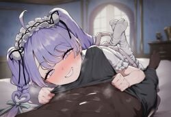 1boy 1girls abs ahoge ai_generated amiya_aranha_(vtuber) bangs bed bedroom_eyes blue_eyes blurry_background blush braid bulge dark-skinned_male dark_skin dress erection erection_under_clothes feet frills grin hair_ornament hair_ribbon hairband hetero indie_virtual_youtuber indoors interracial lolita_hairband long_hair looking_at_viewer lying maid_headdress naughty_face nervous_smile no_shoes on_back on_bed on_stomach pov purple_eyes purple_hair ribbon seductive_look seductive_smile short_sleeves smile socks soles solo_focus sweat twin_braids twintails very_dark_skin virtual_youtuber white_dress white_socks