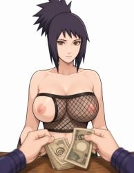 1boy 1girls artist_name banknote bare_shoulders black_hair blurry blurry_foreground breasts brown_eyes cleavage closed_mouth collarbone crop_top depth_of_field expressionless fishnet_thighhighs fishnet_top fishnets frown gloves hetero high_ponytail holding holding_money large_breasts lips long_hair long_sleeves looking_at_viewer medium_hair midriff mitarashi_anko money navel ninja nipples one_breast_out out_of_frame ponytail pov pov_across_table pov_hands prostitution purple_hair revealing_clothes see-through serious short_hair short_ponytail sidelocks simple_background solo_focus strapless table upper_body white_background