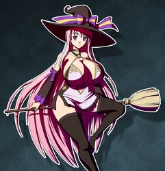 1girls broom choker cleavage curvy dress eyebrows_visible_through_hair female female_only hourglass_figure huge_breasts isel looking_at_viewer oc pink_hair purple_eyes ribbon sideboob simple_background solo stockings tagme thick thick_thighs very_long_hair wide_hips witch witch_hat