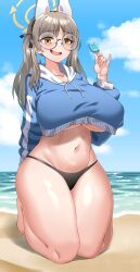 1girls beach big_breasts blue_archive breasts busty curvy curvy_body curvy_female curvy_figure female glasses hitch_(hitch_driessen/perotoss400/kirochef) huge_breasts large_breasts light-skinned_female light_skin moe_(blue_archive) moe_(swimsuit)_(blue_archive) rabbit_squad_(blue_archive) round_breasts srt_special_academy_student thick_thighs thighs twintails underboob voluptuous