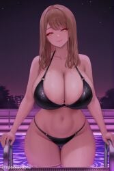 1girl ai_generated bangs bare_shoulders bikini black_bikini breasts brown_hair cleavage collarbone curvy emma_(nikke) goddess_of_victory:_nikke huge_breasts long_hair looking_at_viewer navel night night_sky nikke o-ring o-ring_bikini pool pool_ladder sky smile solo swimsuit thighs water wet yellow_eyes