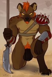 absurd_res anthro armor balls big_balls big_penis black_penis bone ear_piercing flaccid foreskin genital_piercing genitals gnoll gnorr hair harness hi_res huge_balls huge_cock hyaenid kneeling looking_at_viewer male male_only mammal melee_weapon partially_retracted_foreskin penis penis_piercing piercing pixelflare polearm prince_albert_piercing red_hair red_pubes scar solo spear spots spotted_body spotted_hyena thick_penis uncut weapon yellow_eyes