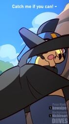 2026 animated animated_gif anthro biped black_body black_ears black_fur black_tail blue_hair butt cute_fangs diives fangs female female_anthro fur hair hi_res multicolored_body multicolored_fur open_mouth pal_(species) palworld pocketpair red_eyes sekhmet_(pal) short_playtime solo standing tail teeth tongue yellow_body yellow_fur
