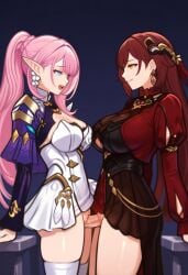 2girls :d ai_generated arm_support black_dress blue_eyes blush braid breasts brown_dress brown_hair censored cleavage cleavage_cutout closed_mouth clothed_sex clothing_cutout cowboy_shot dress dress_lift earrings elf elysia_(honkai_impact) elysia_(miss_pink_elf)_(honkai_impact) erection eye_contact from_side futa_with_female futanari hair_between_eyes hair_ornament honkai_(series) honkai_impact_3rd jewelry large_breasts long_hair long_sleeves looking_at_another medium_breasts mihoyo multiple_girls no_panties open_mouth orange_eyes penis pink_hair pointy_ears ponytail puffy_sleeves purple_dress pussy red_dress red_hair sex short_dress simple_background skirt smile standing standing_sex teeth thighhighs uncensored upper_teeth_only vaginal veins veiny_penis very_long_hair white_dress white_thighhighs yellow_eyes