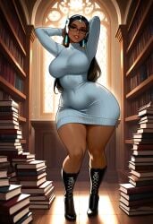1girls ai_generated big_breasts black_hair blizzard_entertainment books boots brown_eyes brown_skin brown_skinned_female curvy_female curvy_figure dark-skinned_female dark_skin dreamcoreart eyes female female_only glasses hands_behind_head hourglass_figure indian_female indoors large_breasts library looking_at_viewer minidress overwatch posing seductive seductive_look seductive_pose symmetra thick thick_thighs tight_clothing voluptuous voluptuous_female wide_hips