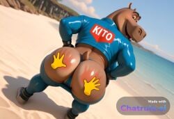 1990s 1boy ai_assisted ai_generated anthro back_view beach big_breasts blue_bodysuit bodysuit bouncing_breasts brown_eyes building camel_toe chest_hair cropped_jacket curvy dutch_angle dynamic_angle erect_nipples fingerless_gloves full_body furry gloves grabbing_butt happy hip_focus hippo jacket looking_at_viewer looking_back looking_behind male motion_lines moto_moto open_mouth realistic realistic_lighting realistic_shading thick_eyebrows unibrow