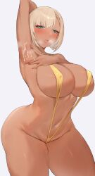 1girls armpits arms_up artist_request big_breasts blonde_hair blunt_bangs blush breasts busty choker cum cum_on_armpit cum_on_body dark-skinned_female dark_skin earrings english_text facing_viewer female female_focus female_only gyaru hourglass_figure huge_breasts indie_virtual_youtuber large_breasts looking_at_viewer makeup minko_xiv_(vtuber) pose posing pov pov_eye_contact short_hair sling_bikini slingshot_bikini solo sweat sweatdrop sweating sweaty_armpits sweaty_body tan tan_body tan_skin virtual_youtuber
