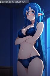 ai_generated asuna_(sao) blue_eyes blue_hair blushing bra elf elf_ears elf_female looking_at_viewer panties sword_art_online velvetart yuuki_asuna