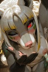 1girls ai_generated anthro_female big_hair canid dog_girl female generation_3_pokemon gray_fur hyena_girl mightyena original_character pakanli pokemon pokemon_(species) red_eyes scorpianpp self_upload stable_diffusion white_hair yellow_highlights