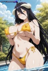 1girl absurd_resolution absurdres ai ai-created ai_art ai_generated albedo_(overlord) anime_coloring anime_screenshot anime_style areolae bikini black_hair blue_sky blush breast_grab bush bushy_pubes cleavage clouds curvy demon_girl detailed_background digital_art dynamic_angle dynamic_pose exhibitionism exibitionism exited explicit glossy glossy_body glossy_skin gorgeous hairy hentai hi_res high_contrast high_quality high_resolution horns huge_breasts in_heat long_hair looking_at_viewer low_angle micro_bikini navel nipples nsfw outdoors overlord_(maruyama) patreon perfect_anatomy pervert_female plump poolside presenting pubic_hair rating_explicit sexy sexy_body sexy_female sexy_pose side-tie_bikini sideboob smile soft_shading solo source_anime standing string_bikini sunlight swimming_pool teasing teasing_viewer thick_thighs trees underboob very_long_hair voluptuous voluptuous_body voluptuous_female water water_droplets wet wet_skin white_horns wide_hips yellow_bikini yellow_eyes
