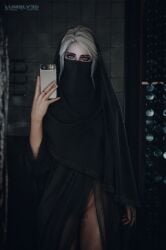 1girls 3d ai_generated bathroom cd_projekt_red ciri edit female green_eyes islam light-skinned_female light_skin looking_at_viewer lumbly3d mascara mirror_selfie muslim muslim_female niqab no_panties phone pussy ring selfie solo solo_female tattoo the_witcher_(series) the_witcher_3:_wild_hunt veil_only white_hair