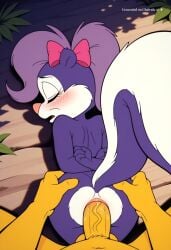 1girl ai_assisted ai_generated anal anal_sex animal_ears arms_held_behind_back arms_pulled_back asleep blushing body_fur cel_shading doggystyle embarrassed eyes_closed fifi fifi_la_fume furry furry_female hypno outdoors passed_out perky_tits prone_bone purple_fur purple_hair rough_sex screencap skunk_girl sleeping thick_cock two_tone_fur white_fur